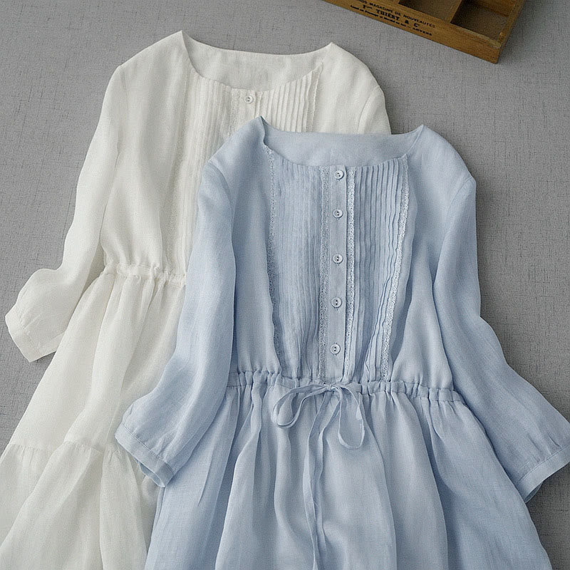 Nimara Ritual Summer Vintage Drawstring Button-up Solid Pintuck Design Cotton Women's Short Sleeve Dresses With Pocket