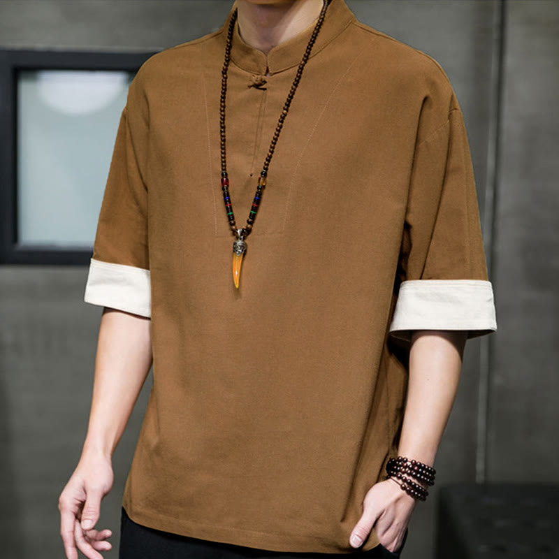 Nimara Ritual Summer Tang Style Mandarin Collar Solid Men's Short Sleeve Shirts
