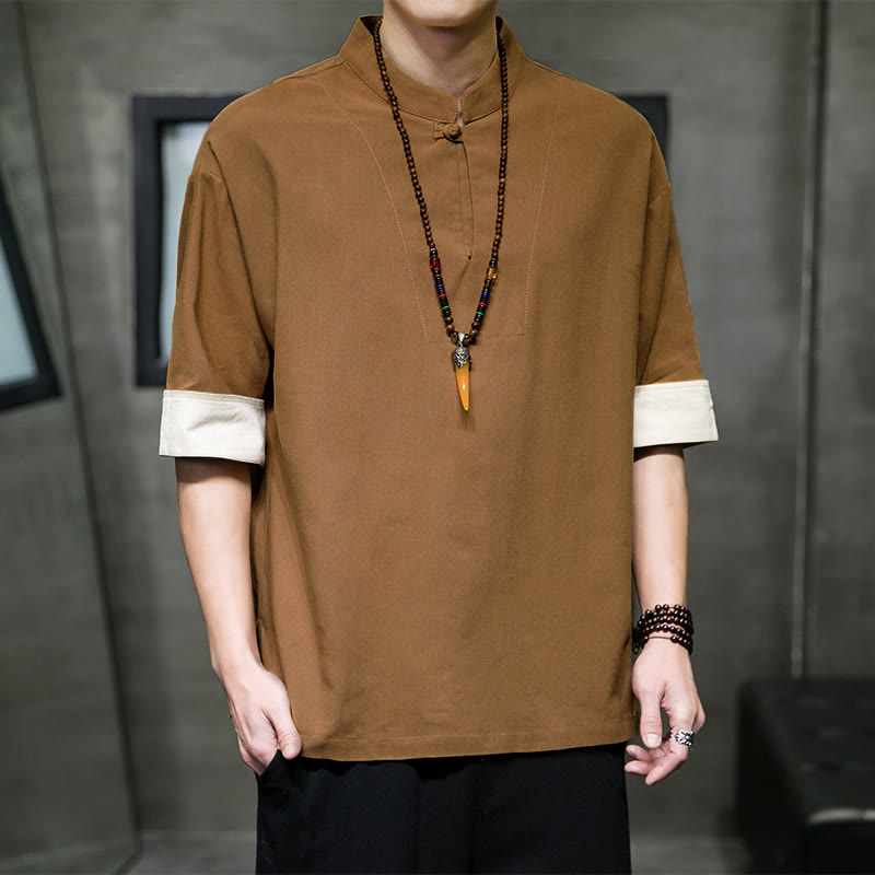 Nimara Ritual Summer Tang Style Mandarin Collar Solid Men's Short Sleeve Shirts