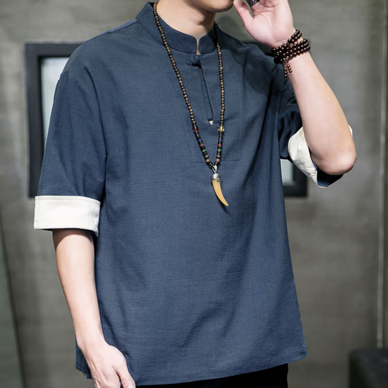 Nimara Ritual Summer Tang Style Mandarin Collar Solid Men's Short Sleeve Shirts