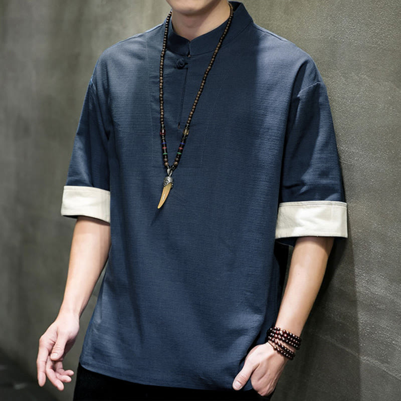 Nimara Ritual Summer Tang Style Mandarin Collar Solid Men's Short Sleeve Shirts