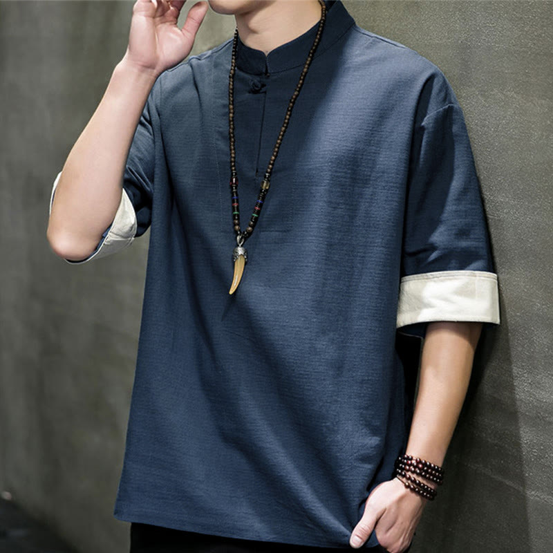 Nimara Ritual Summer Tang Style Mandarin Collar Solid Men's Short Sleeve Shirts