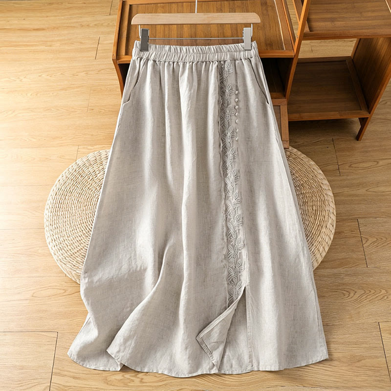 Nimara Ritual Summer Casual Vintage Side Slit Solid Flowers Women's Skirts With Pocket