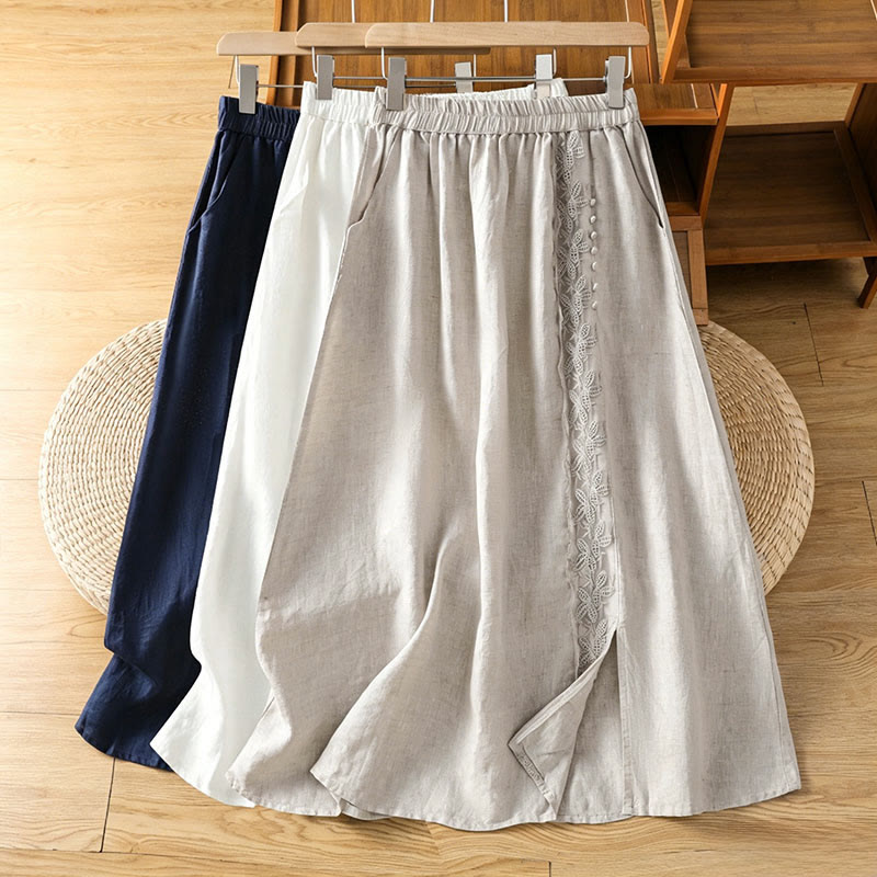 Nimara Ritual Summer Casual Vintage Side Slit Solid Flowers Women's Skirts With Pocket