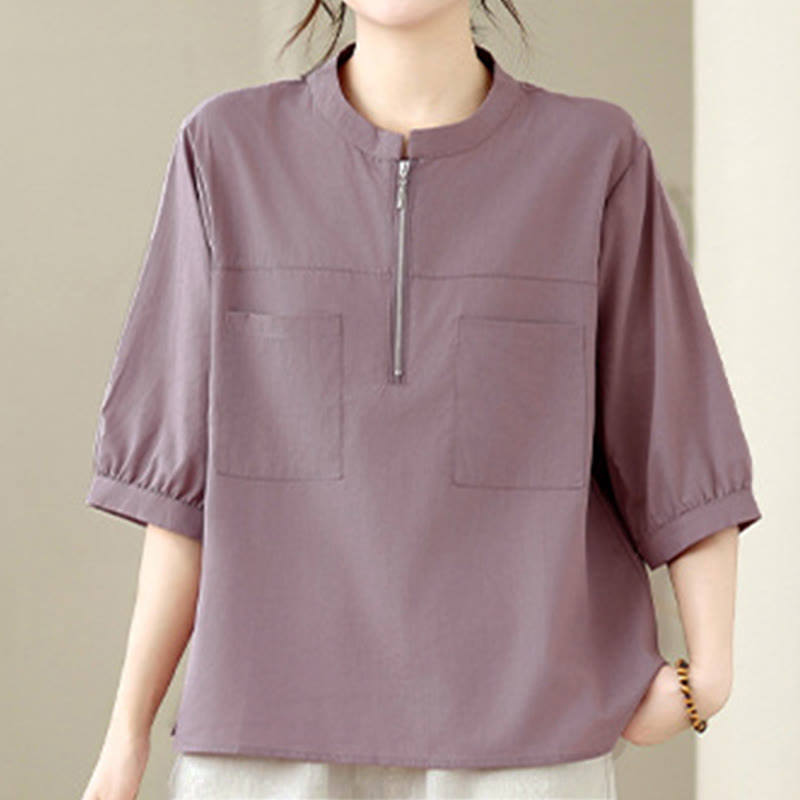 Nimara Ritual Summer Minimalist Casual Quarter Zip Design Solid Women's Short Sleeve Shirts With Patch Pocket