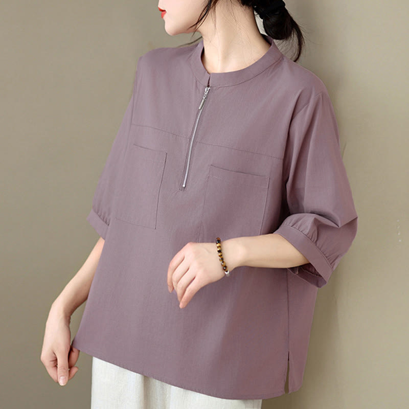 Nimara Ritual Summer Minimalist Casual Quarter Zip Design Solid Women's Short Sleeve Shirts With Patch Pocket