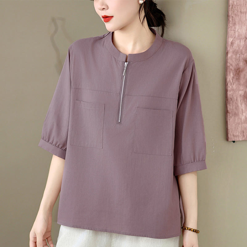 Nimara Ritual Summer Minimalist Casual Quarter Zip Design Solid Women's Short Sleeve Shirts With Patch Pocket