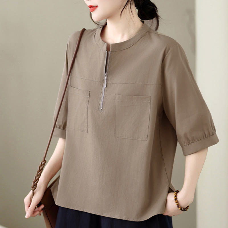 Nimara Ritual Summer Minimalist Casual Quarter Zip Design Solid Women's Short Sleeve Shirts With Patch Pocket