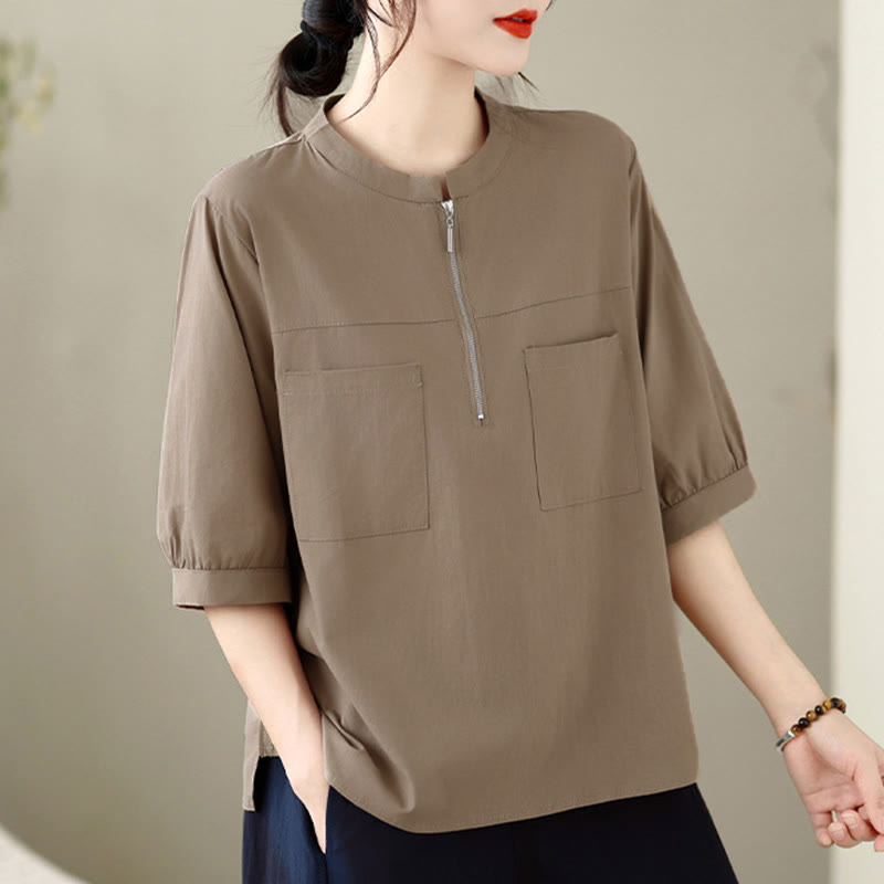 Nimara Ritual Summer Minimalist Casual Quarter Zip Design Solid Women's Short Sleeve Shirts With Patch Pocket