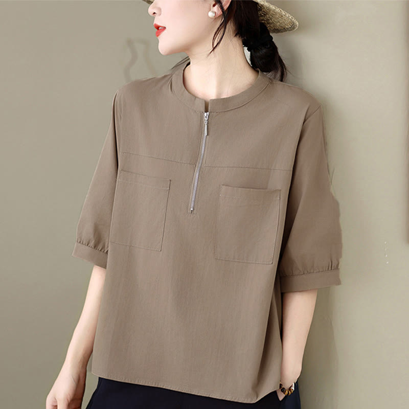 Nimara Ritual Summer Minimalist Casual Quarter Zip Design Solid Women's Short Sleeve Shirts With Patch Pocket