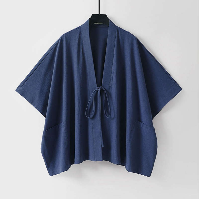 Nimara Ritual Summer Minimalist Drawstring Lace-up Solid Short Sleeve Men's Kimono With Pockets