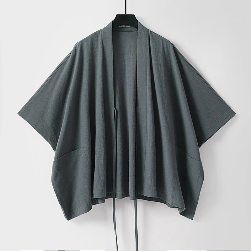 Nimara Ritual Summer Minimalist Drawstring Lace-up Solid Short Sleeve Men's Kimono With Pockets