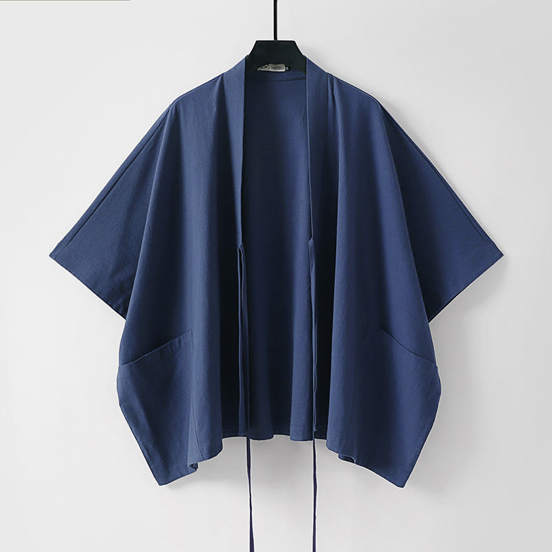 Nimara Ritual Summer Minimalist Drawstring Lace-up Solid Short Sleeve Men's Kimono With Pockets