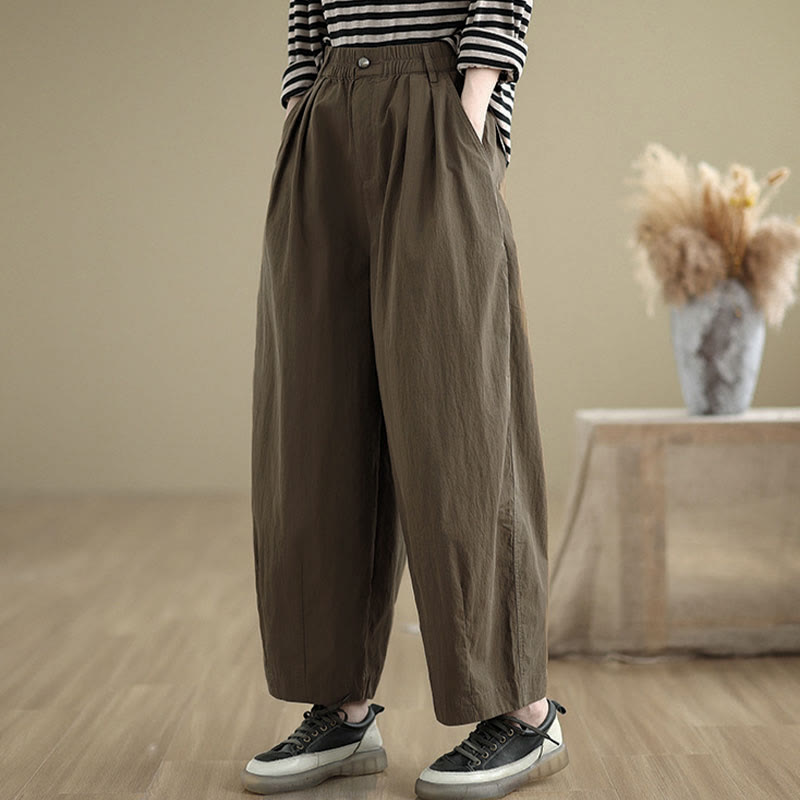 Nimara Ritual Casual Solid Color One Top Button Elastic Waistband Women's Pants With Pockets