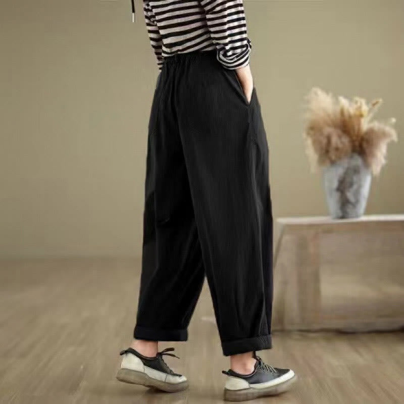 Nimara Ritual Casual Solid Color One Top Button Elastic Waistband Women's Pants With Pockets
