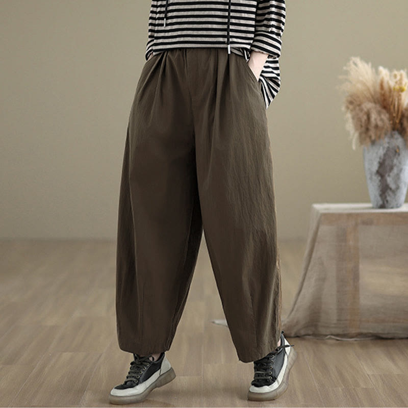Nimara Ritual Casual Solid Color One Top Button Elastic Waistband Women's Pants With Pockets