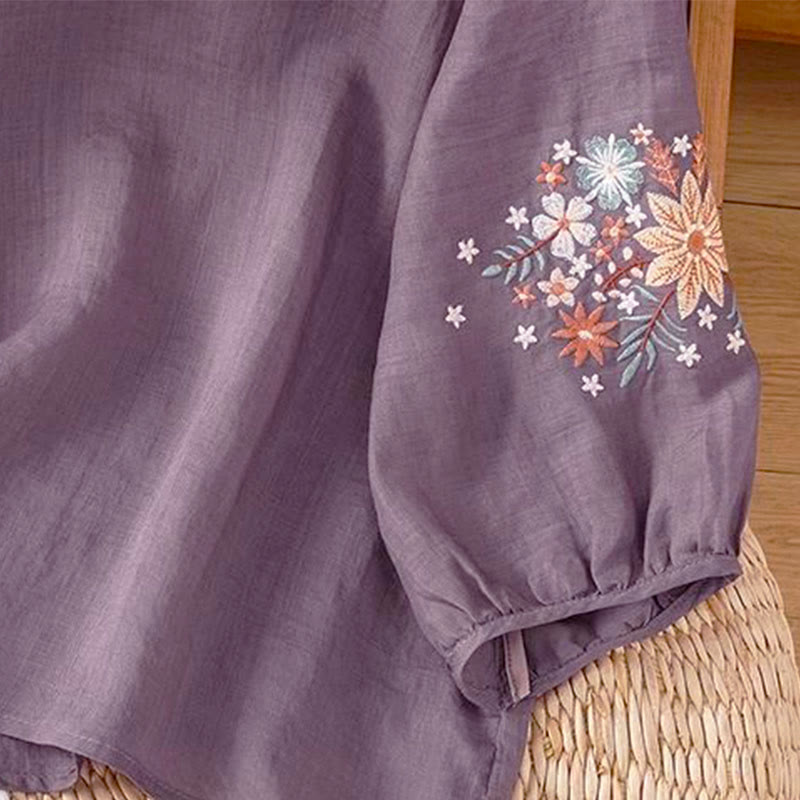 Nimara Ritual Casual Flower Leaf Embroidery Women's Crew Neck Design Three Quarter Sleeve T-shirt