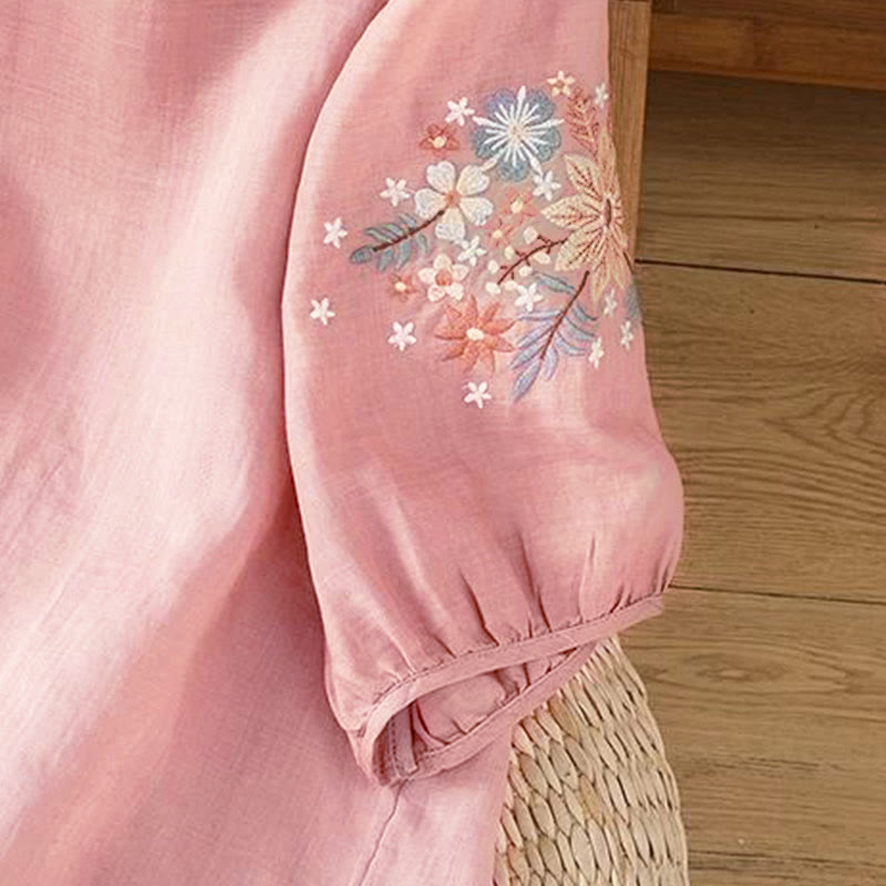 Nimara Ritual Casual Flower Leaf Embroidery Women's Crew Neck Design Three Quarter Sleeve T-shirt