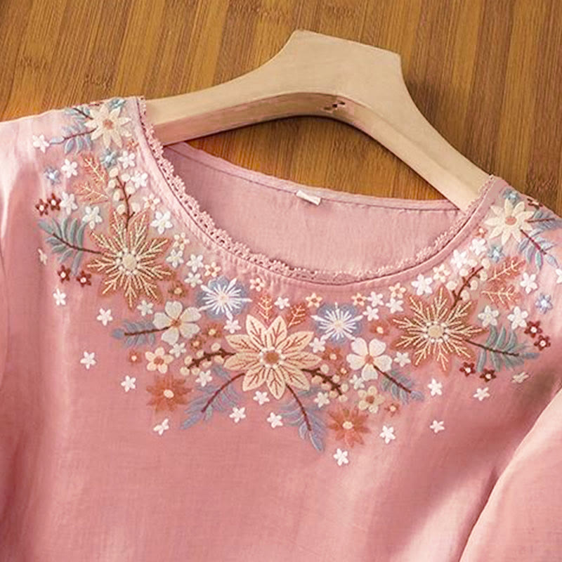 Nimara Ritual Casual Flower Leaf Embroidery Women's Crew Neck Design Three Quarter Sleeve T-shirt