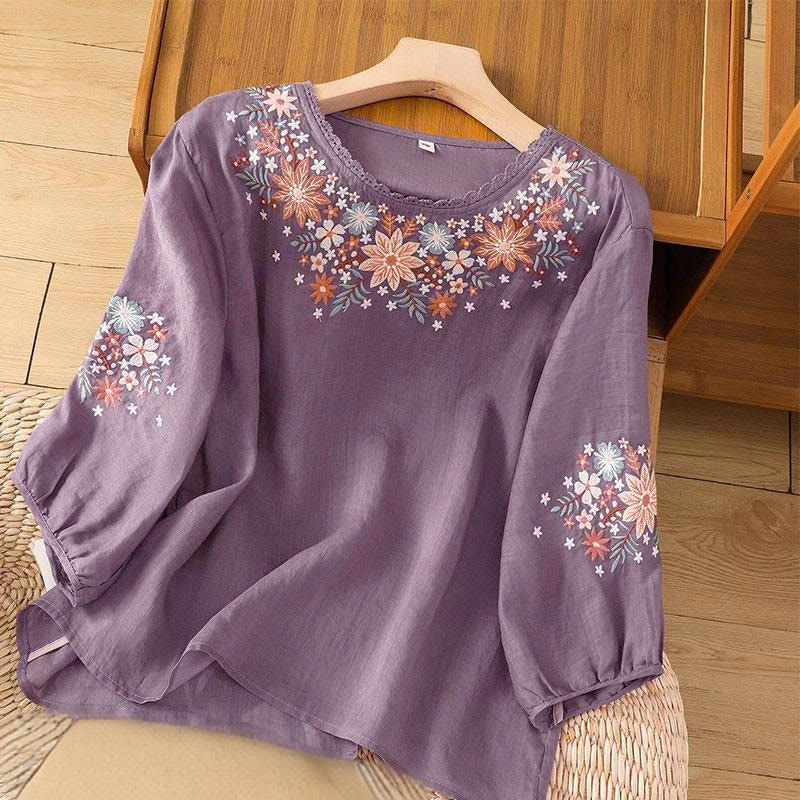 Nimara Ritual Casual Flower Leaf Embroidery Women's Crew Neck Design Three Quarter Sleeve T-shirt