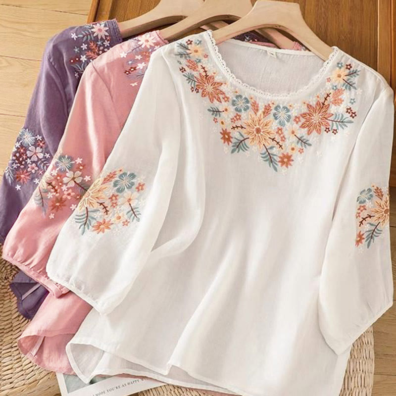 Nimara Ritual Casual Flower Leaf Embroidery Women's Crew Neck Design Three Quarter Sleeve T-shirt
