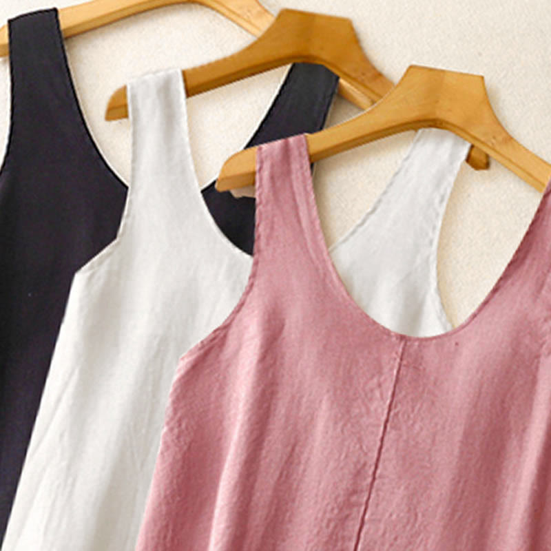 Nimara Ritual Summer Daily Casual Pure Color Crew Neck Simple Design Sleeveless Midi Dress With Pockets