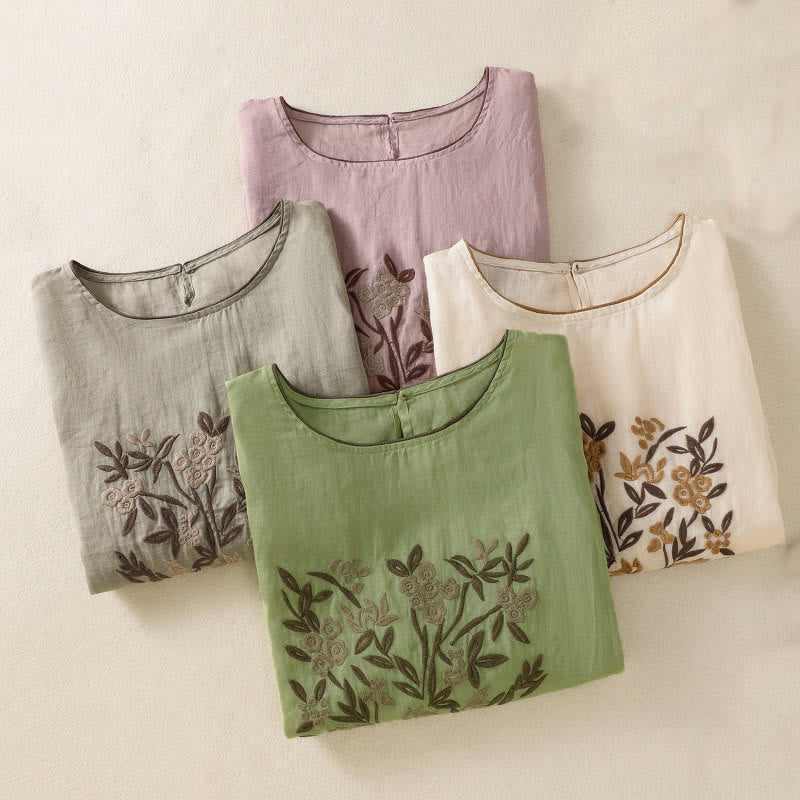 Nimara Ritual Retro Embroidery Floral Three Quarter Sleeve Women's Cotton T-Shirt