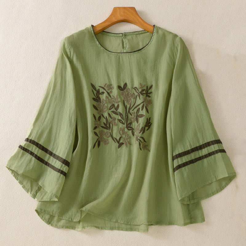 Nimara Ritual Retro Embroidery Floral Three Quarter Sleeve Women's Cotton T-Shirt