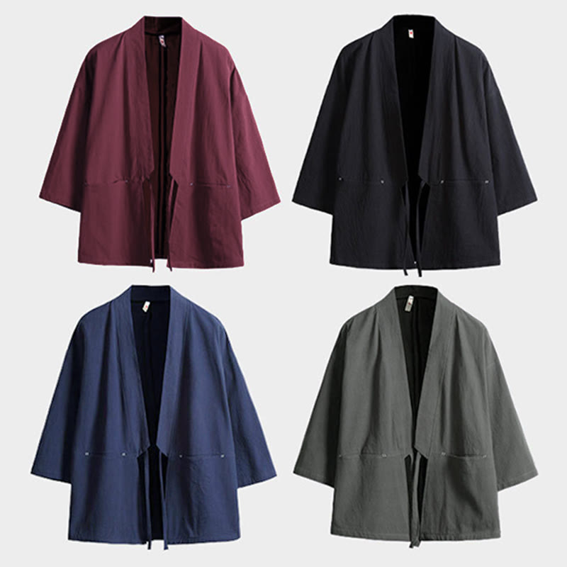 Nimara Ritual Solid Color Lace-up Three Quarter Sleeve Open Front Jacket Men's Kimono