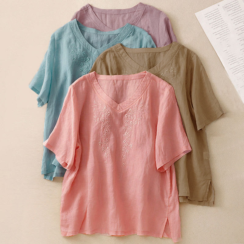 Nimara Ritual Casual Women's Embroidered Flower V-neck Design Loose Half Sleeve Shirt