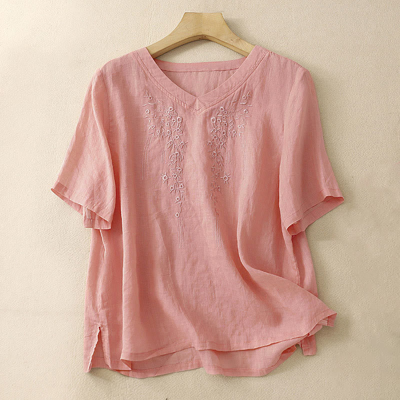 Nimara Ritual Casual Women's Embroidered Flower V-neck Design Loose Half Sleeve Shirt