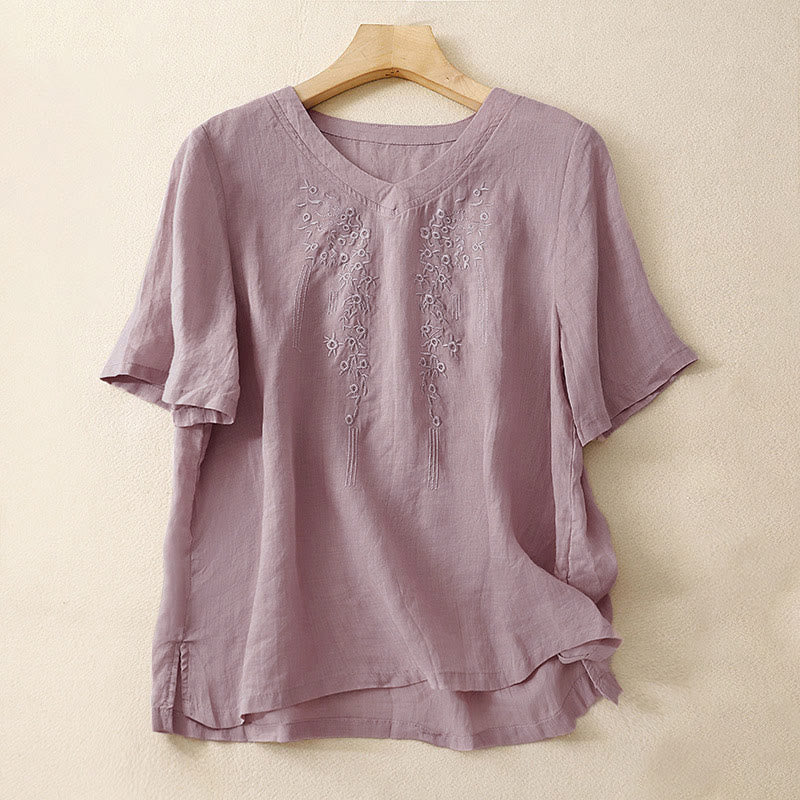 Nimara Ritual Casual Women's Embroidered Flower V-neck Design Loose Half Sleeve Shirt