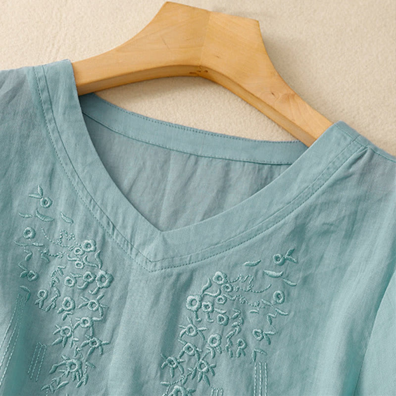 Nimara Ritual Casual Women's Embroidered Flower V-neck Design Loose Half Sleeve Shirt