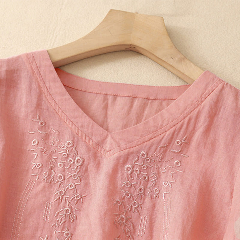 Nimara Ritual Casual Women's Embroidered Flower V-neck Design Loose Half Sleeve Shirt