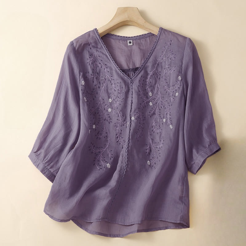 Nimara Ritual Summer Casual Flower Branches Embroidered Pattern V-Neck Half Sleeve Women's T-shirt