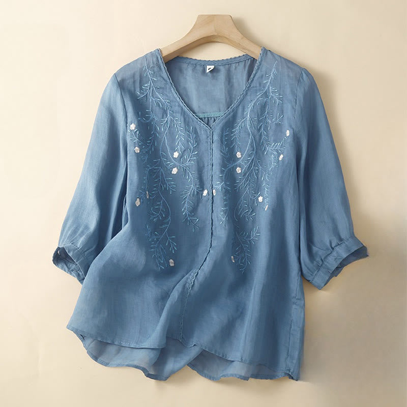 Nimara Ritual Summer Casual Flower Branches Embroidered Pattern V-Neck Half Sleeve Women's T-shirt
