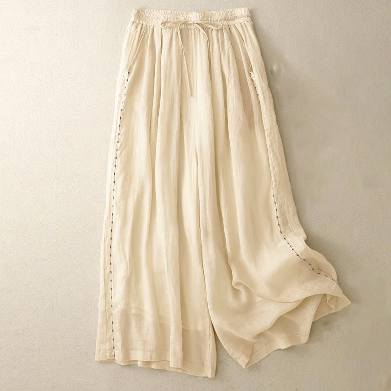 Nimara Ritual Commute Solid Color Embroidery Drawstring Women's Wide Leg Ankle-Length Pants With Pockets