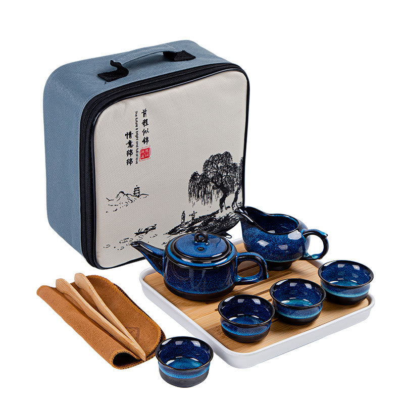Nimara Ritual Blue Gradient Color Chinese Gongfu Tea Ceramic Teapot Portable Gift Bag Box Set