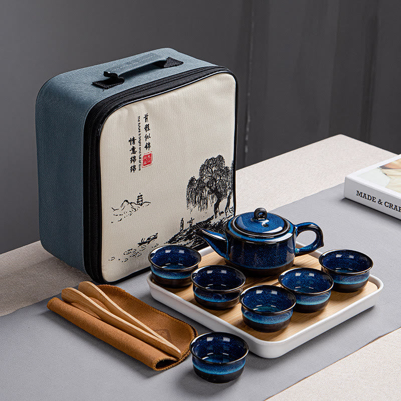 Nimara Ritual Blue Gradient Color Chinese Gongfu Tea Ceramic Teapot Portable Gift Bag Box Set