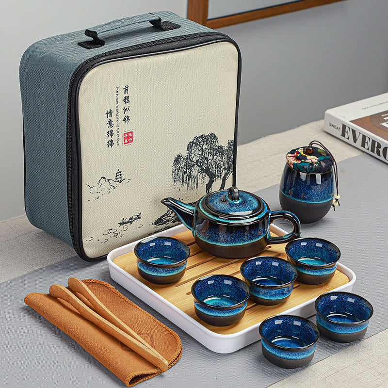 Nimara Ritual Blue Gradient Color Chinese Gongfu Tea Ceramic Teapot Portable Gift Bag Box Set