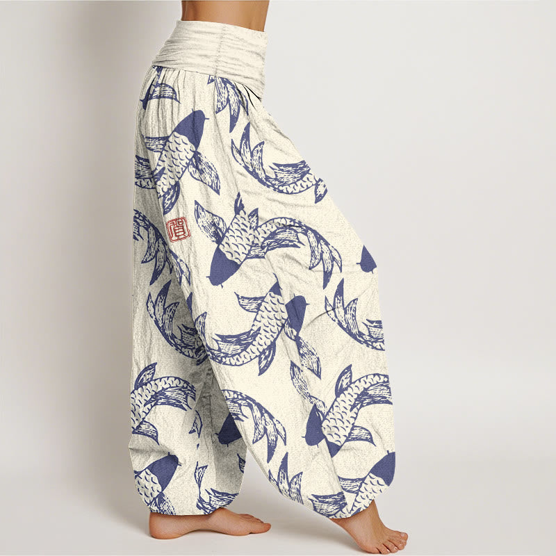 Nimara Ritual Pure Cotton Swimming Koi Fish Women's Elastic Waist Harem Pants