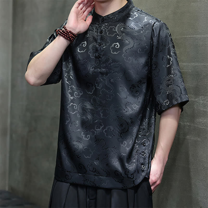 Nimara Ritual Summer Vintage Tang Style Mandarin Collar Dragon Clouds Pattern Men's Short Sleeve Shirts