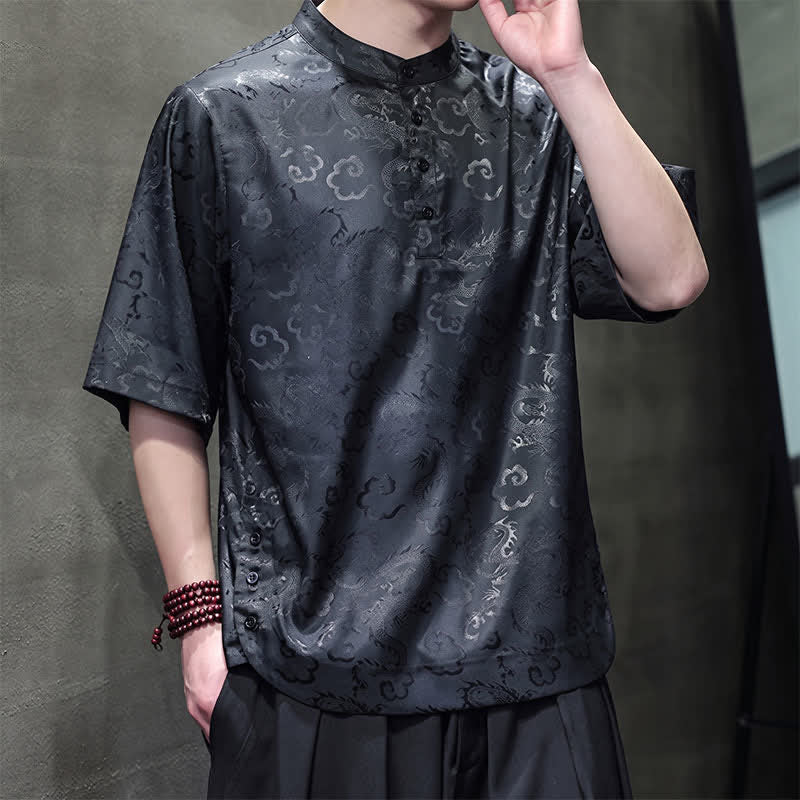 Nimara Ritual Summer Vintage Tang Style Mandarin Collar Dragon Clouds Pattern Men's Short Sleeve Shirts