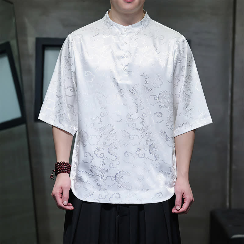 Nimara Ritual Summer Vintage Tang Style Mandarin Collar Dragon Clouds Pattern Men's Short Sleeve Shirts