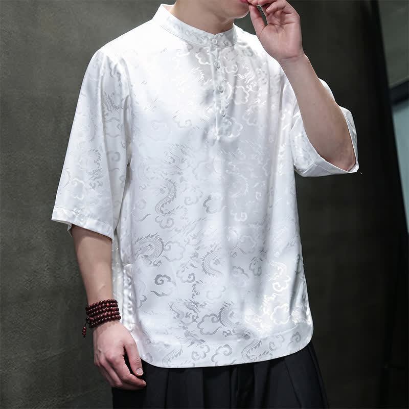 Nimara Ritual Summer Vintage Tang Style Mandarin Collar Dragon Clouds Pattern Men's Short Sleeve Shirts