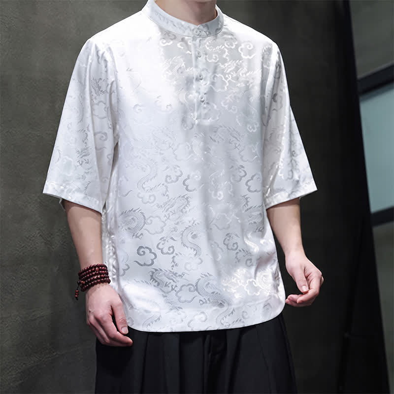 Nimara Ritual Summer Vintage Tang Style Mandarin Collar Dragon Clouds Pattern Men's Short Sleeve Shirts