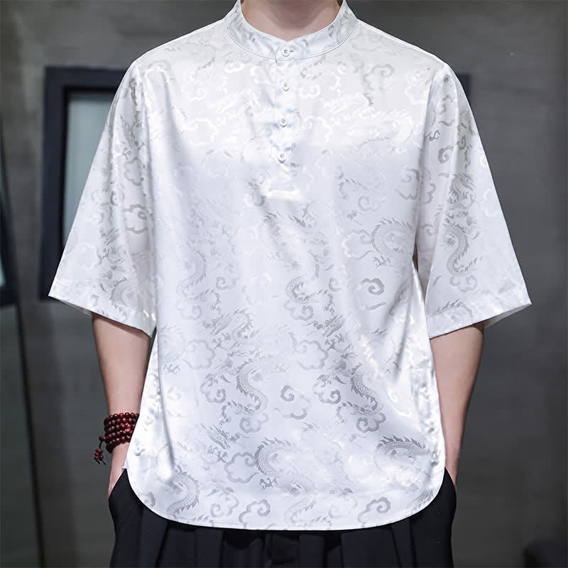 Nimara Ritual Summer Vintage Tang Style Mandarin Collar Dragon Clouds Pattern Men's Short Sleeve Shirts