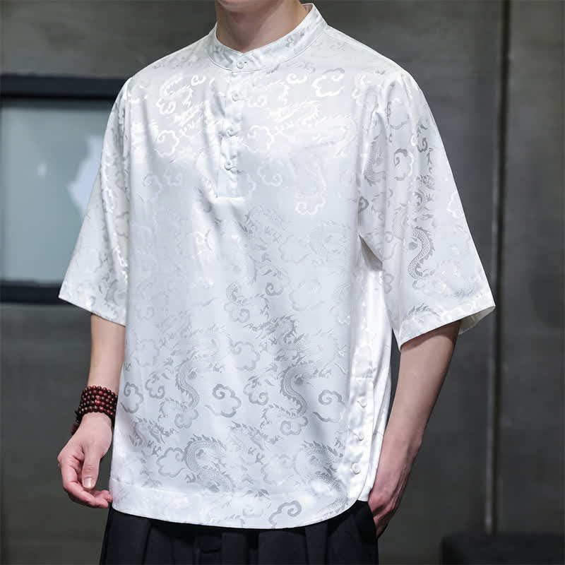 Nimara Ritual Summer Vintage Tang Style Mandarin Collar Dragon Clouds Pattern Men's Short Sleeve Shirts