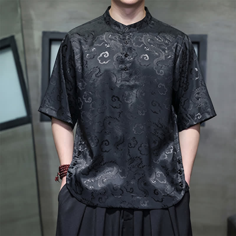 Nimara Ritual Summer Vintage Tang Style Mandarin Collar Dragon Clouds Pattern Men's Short Sleeve Shirts