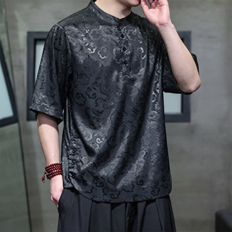 Nimara Ritual Summer Vintage Tang Style Mandarin Collar Dragon Clouds Pattern Men's Short Sleeve Shirts